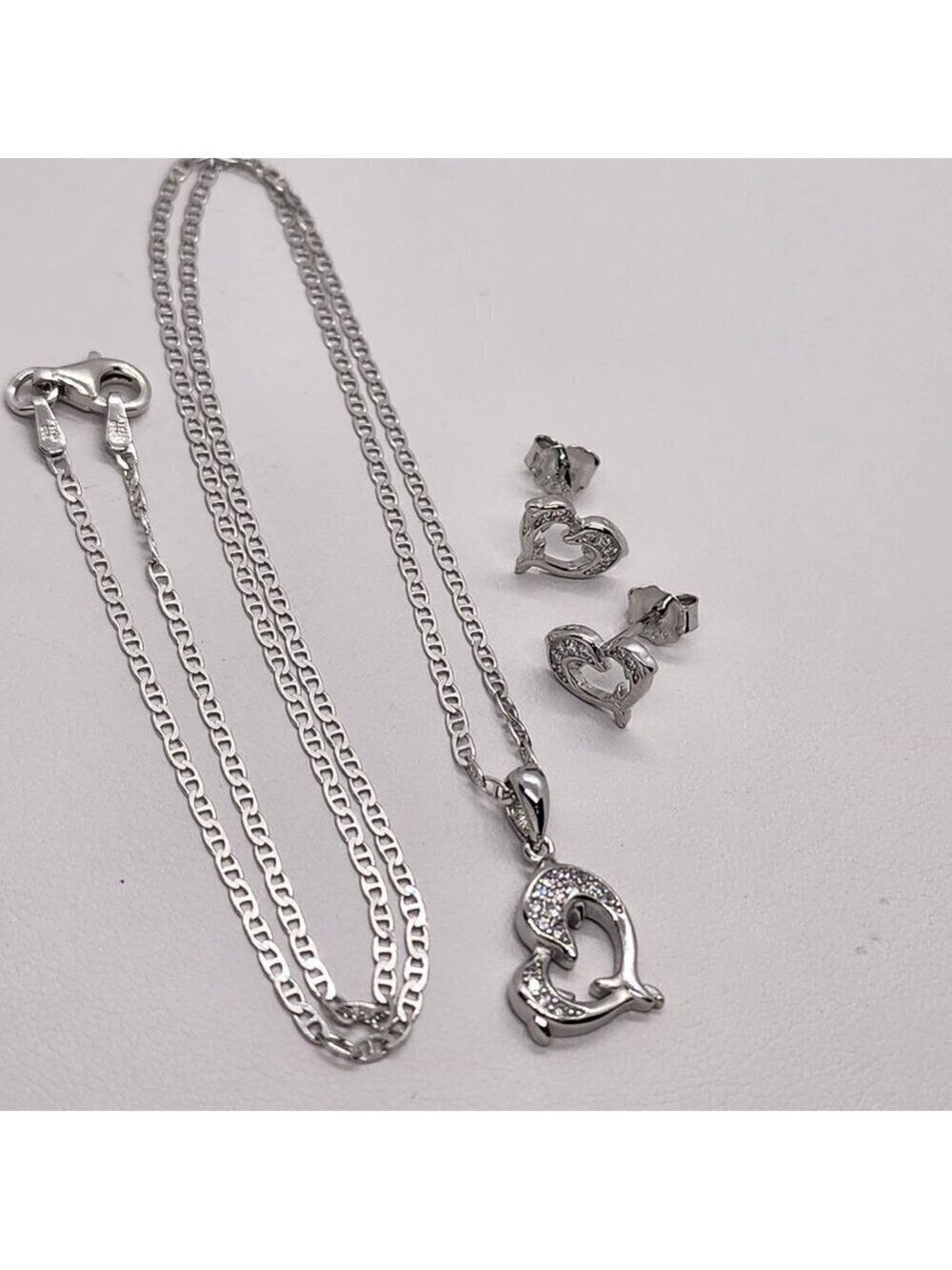 Brand New Sterling Silver 925 Dolphin 2pc earrings & Necklace Set